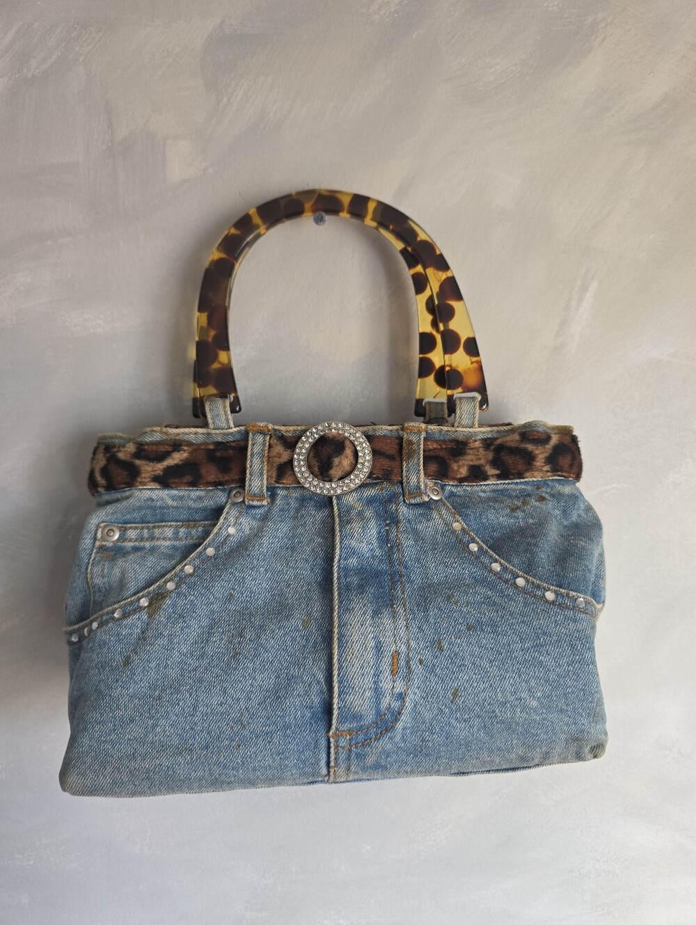 Vtg Y2K Denim Belted Rhinestone Lucite Cheetah Print Handle HandBag Purse